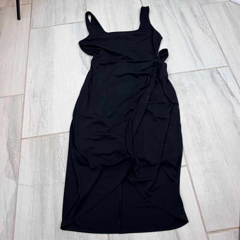 Express Womens Black Ruched Side Tie Asymmetrical Tulip Hem Midi Dress